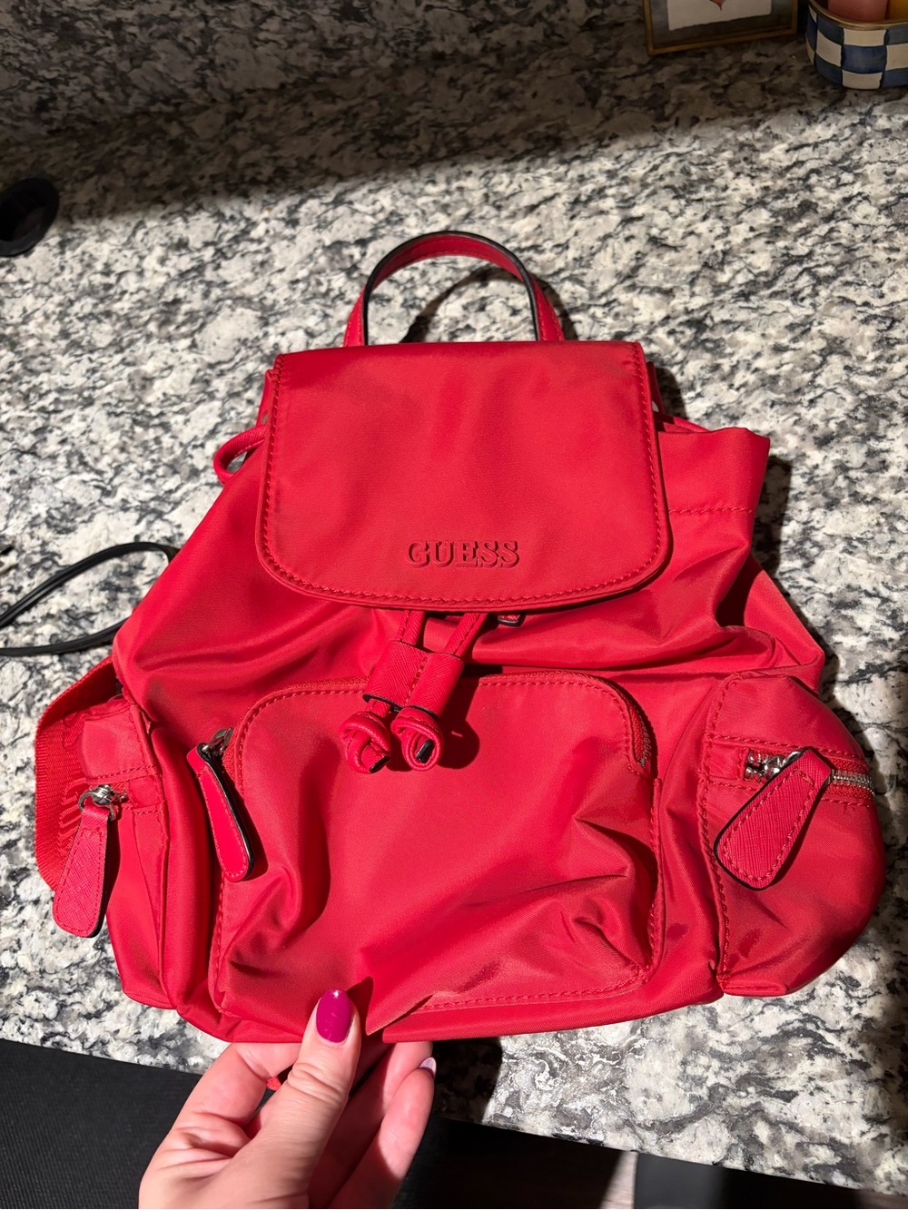 GUESS Bright Red Nylon Mini Backpack with Front Pockets